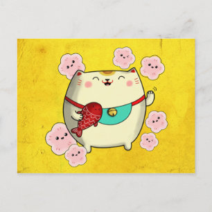 Gullig rundaManeki Neko katt Vykort