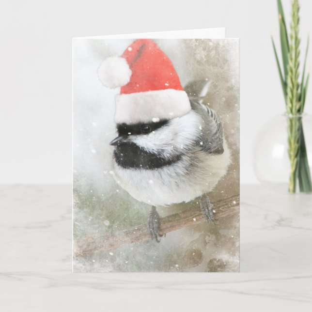 Gullig Santa Chickadee Helgkort (Framsida)