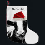 Gullig Santa ko med personlignamn Liten Julstrumpa<br><div class="desc">Den förtjusande svartvita mejerikon som ha på sig en santa hatt för julen,  semestrar! Tillfoga ett roligt festligt handlag till din helgdag som dekorerar med detta lagerföra för julafton för rolig lantgård themed.</div>