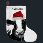Gullig Santa ko med personlignamn Liten Julstrumpa<br><div class="desc">Den förtjusande svartvita mejerikon som ha på sig en santa hatt för julen,  semestrar! Tillfoga ett roligt festligt handlag till din helgdag som dekorerar med detta lagerföra för julafton för rolig lantgård themed.</div>