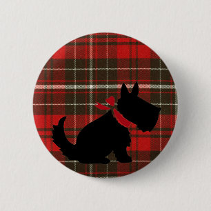 Gullig Scotty hund & röd Tartan Knapp