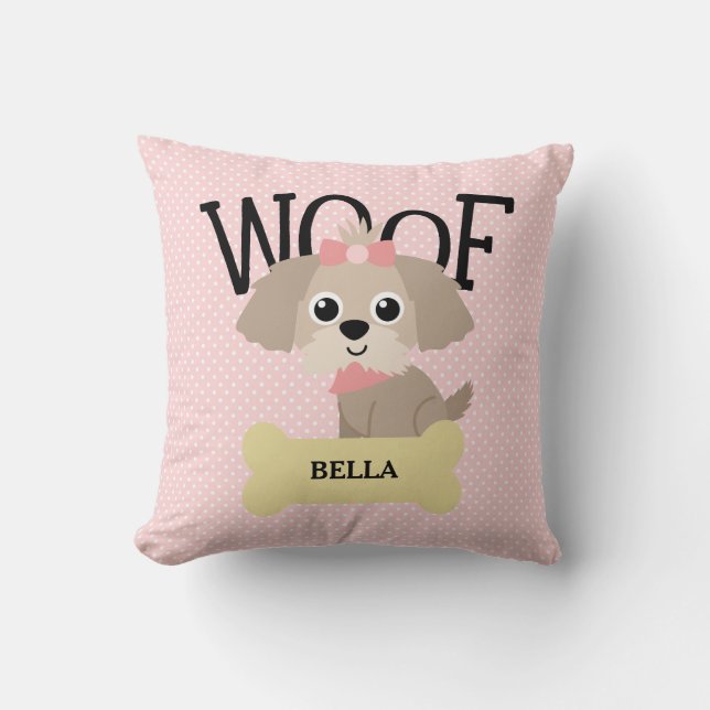 Gullig Shih Tzu valphund på rosa polka dots Kudde (Framsida)