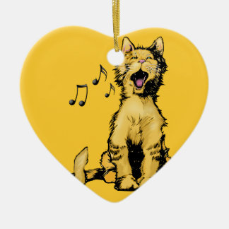 Gullig sjungande orange kattteckning med musik julgransprydnad keramik