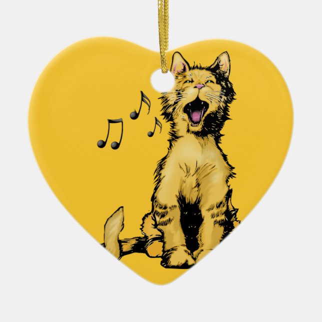 Gullig sjungande orange kattteckning med musik julgransprydnad keramik (Framsidan)