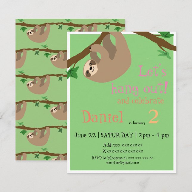 Gullig Sloth, födelsedagsfest inbjudan (Fram/baksida)