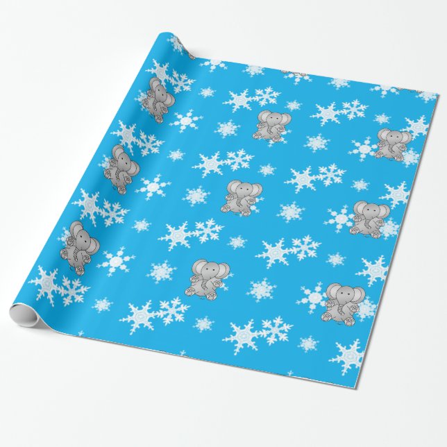 Gullig snöflingor för elefanthimmelblått presentpapper (Utrullad)