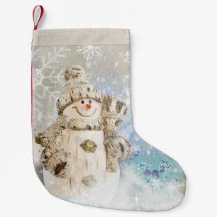 Gullig snögubbe för jul med snöflingor liten julstrumpa