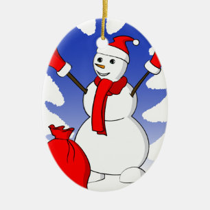 Gullig snögubbe med röda handskar och snöflingo julgransprydnad keramik