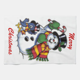 Gullig snögubbe och blåsångare kökshandduk