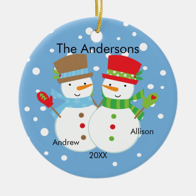 Gullig snögubbefamilj av prydnaden för 2 jul julgransprydnad keramik (Framsidan)