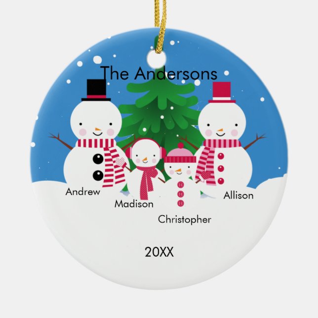 Gullig snögubbefamilj av prydnaden för 4 jul julgransprydnad keramik (Framsidan)