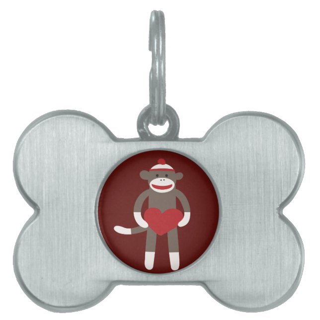 Gullig sock monkey med hattinnehavhjärta namnbricka husdjur (Framsidan)