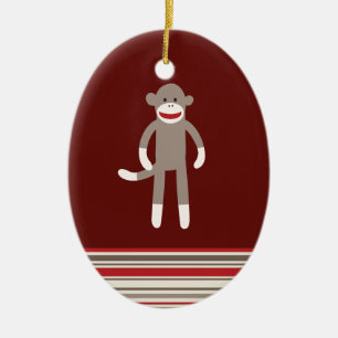 Gullig sock monkey på rött med randar julgransprydnad keramik