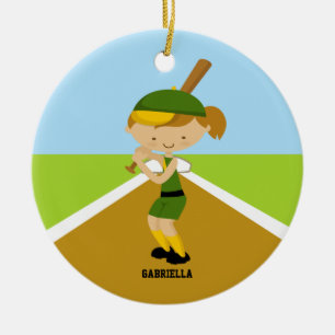 Gullig softballspelare i grönt- & gultprydnad julgransprydnad keramik