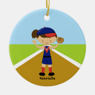 Gullig softballspelare i röd & blåttprydnad julgransprydnad keramik
