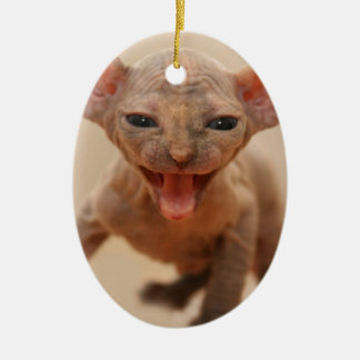 Gullig sphynxkattunge med tungan ut julgransprydnad keramik