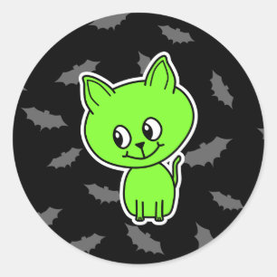 Gullig spöklik grön katt med Bats. Runt Klistermärke