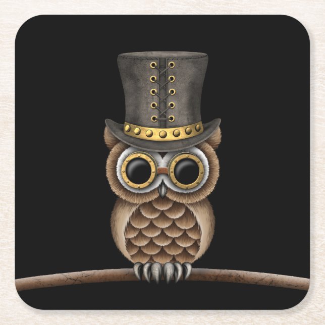 Gullig Steampunk uggla på en gren på svart Underlägg Papper Kvadrat (Framsidan)