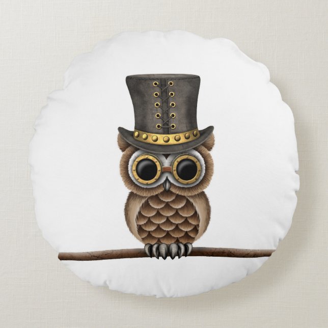 Gullig Steampunk uggla på en gren på vit Rund Kudde (Framsidan)