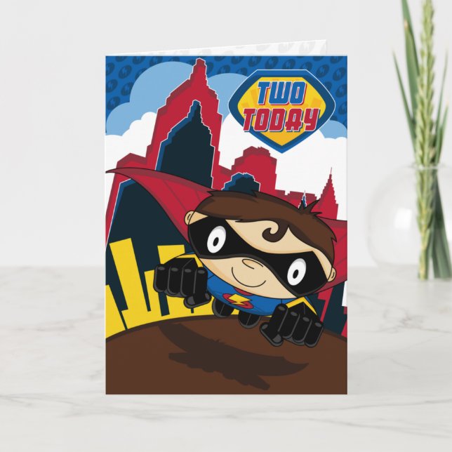 Gullig Superhero i kort för stadsplatsfödelsedag (Framsida)