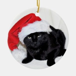 Gullig svart katt med den Santa hatten Julgransprydnad Keramik