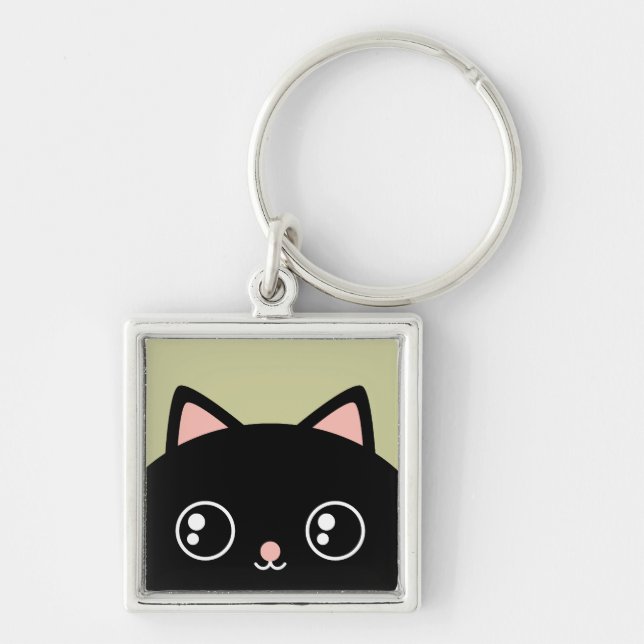 Gullig svart kattansikteKawaii stil Keychain Fyrkantig Silverfärgad Nyckelring (Framsidan)
