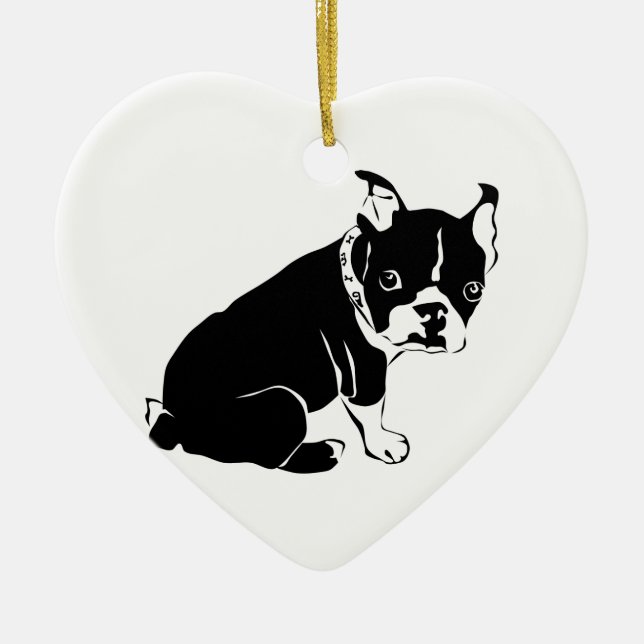 Gullig svartvit fransk bulldoggvalp julgransprydnad keramik (Framsidan)