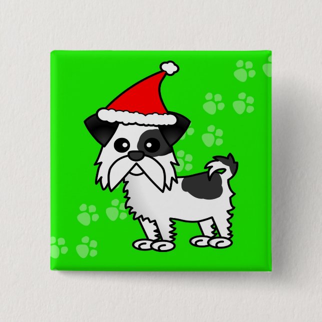 Gullig svartvit Shih Tzu tecknadSanta hatt - Knapp (Framsida)