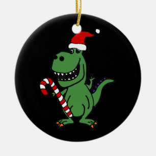 Gullig T-rex Dinosaur i den Santa hatten med candy Julgransprydnad Keramik
