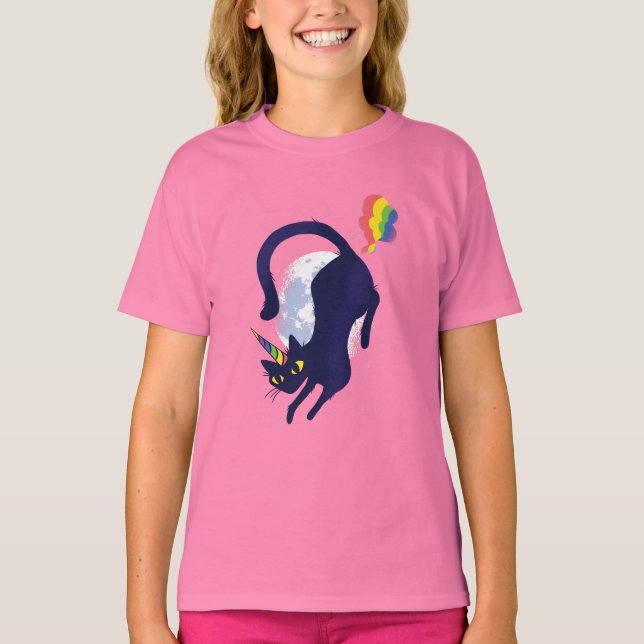 Gullig T-tröja för Caticorn svart kattUnicorn T Shirt (Framsida)