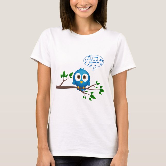 Gullig tecknad för blåtttwitterfågel på kvinna tee shirt (Framsida)