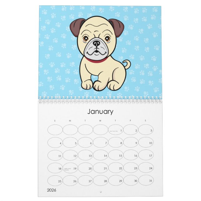 Gullig tecknad hundkalender kalender (Jan 2026)