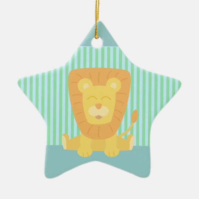 Gullig tecknad som är lejon med randbakgrund julgransprydnad keramik (Framsidan)