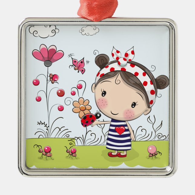 Gullig tecknadflicka med nyckelpiga i trädgårds- julgransprydnad metall (Framsidan)