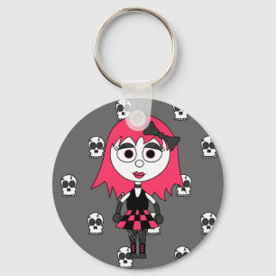 Gullig tecknadGoth flicka och döskallar Keychain Nyckelring