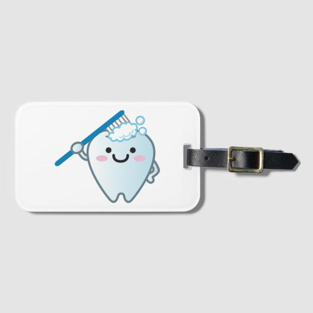 Gullig tecknadtand som borstar med tandborsten bagagebricka (Framsida horisontal)