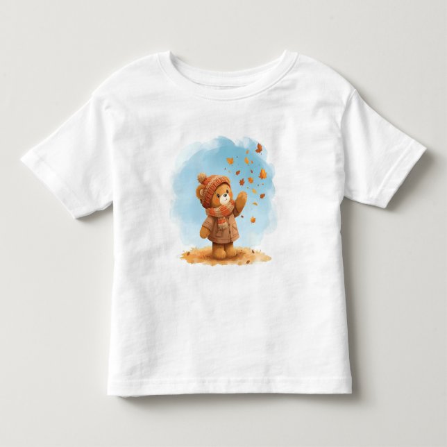 Gullig teddybjörn fångar höstlövar t shirt (Framsida)