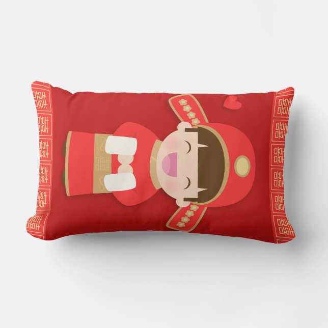 Gullig traditionell kinesisk brudgumbröllopdekor lumbarkudde (Framsida)