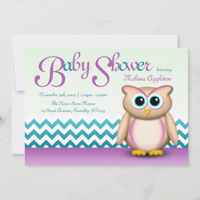 Gullig uggla - lilor & turkossparrebaby shower inbjudningar (Framsida)