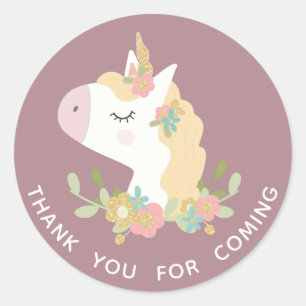 Gullig unicorn. Flicka. Tacka dig för kommande Runt Klistermärke