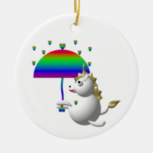 Gullig unicorn med ett paraply julgransprydnad keramik
