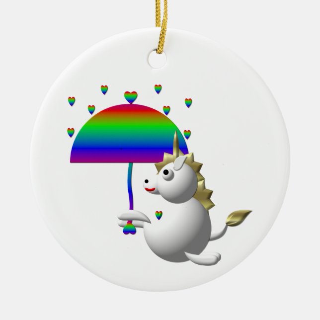 Gullig unicorn med ett paraply julgransprydnad keramik (Framsidan)