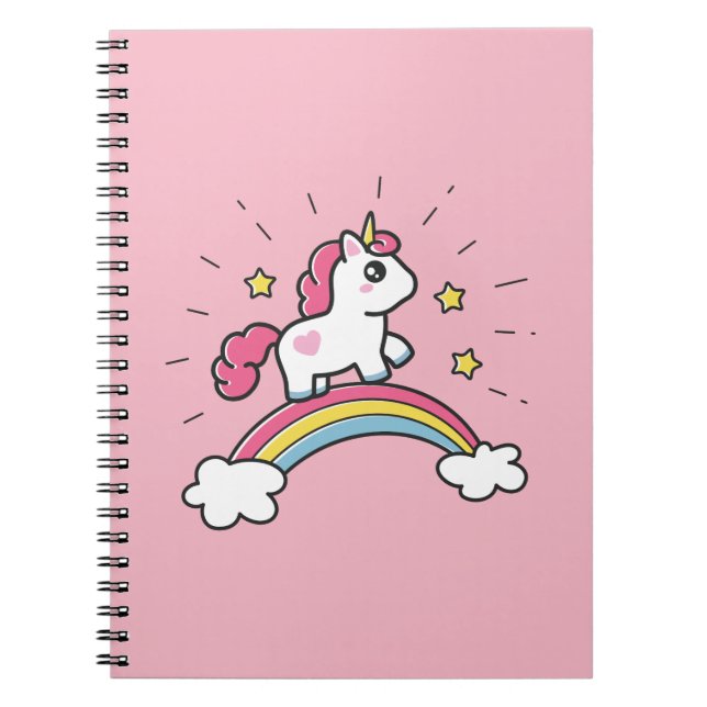 Gullig Unicorn på en regnbågedesign Anteckningsbok (Framsidan)