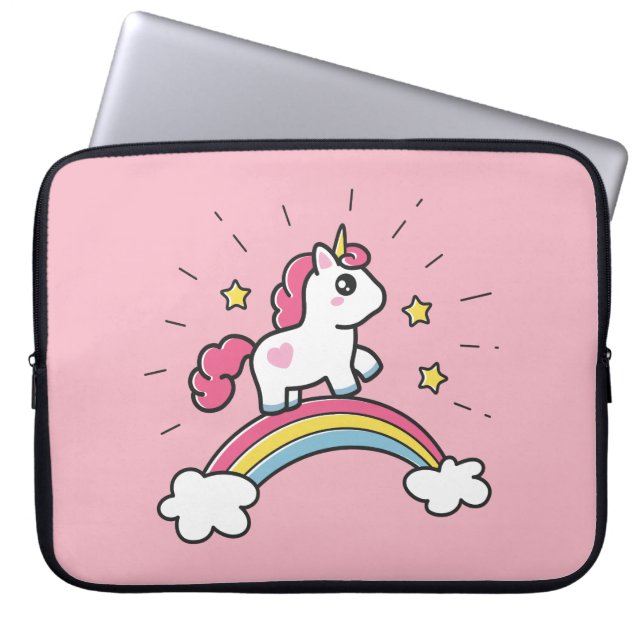 Gullig Unicorn på en regnbågedesign Laptop Fodral (Framsidan)