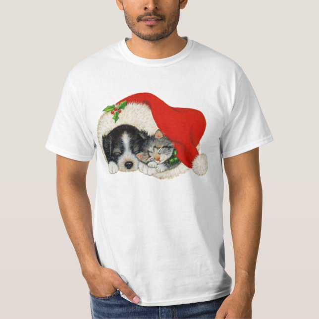 Gullig valp- och kattungesömn i en Santa hatt Tröja (Framsida)