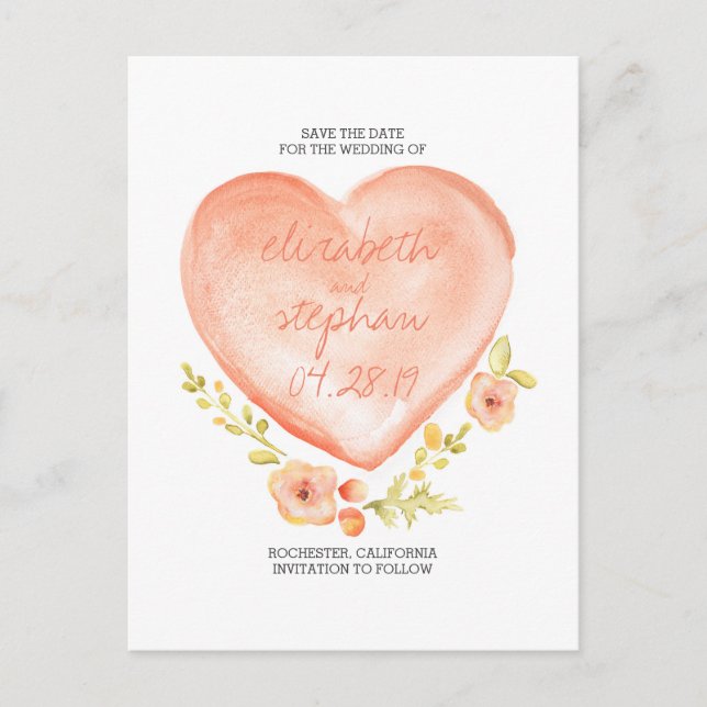 Gullig vattenfärghjärta & blommor sparar datera meddelande vykort (Framsida)