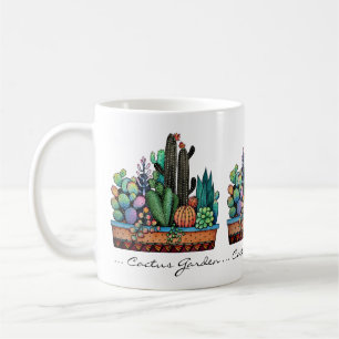 Gullig vattenfärgkaktusträdgård i kruka kaffemugg