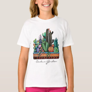Gullig vattenfärgkaktusträdgård i kruka t shirt