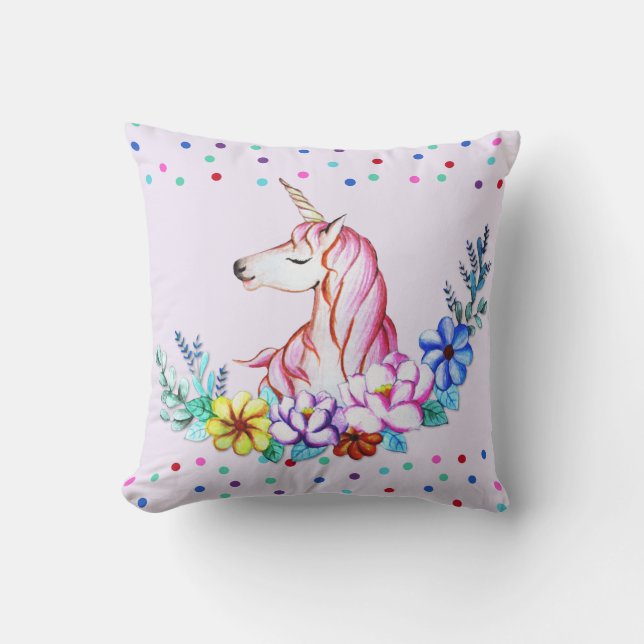 Gullig vattenfärgUnicorn med blommigt Kudde (Framsida)