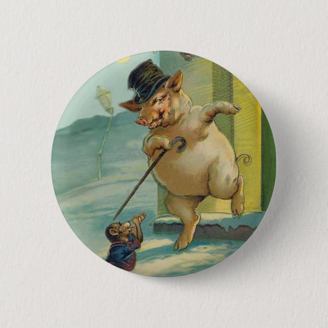 Gullig vintagegris och apa - roliga djur knapp (Framsida)